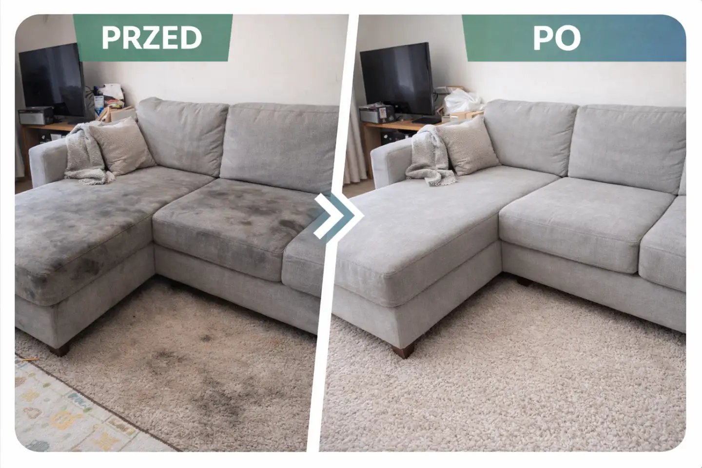 Czyszczenie tapicerki kanapy przed i po – pranie narożnika Gdynia