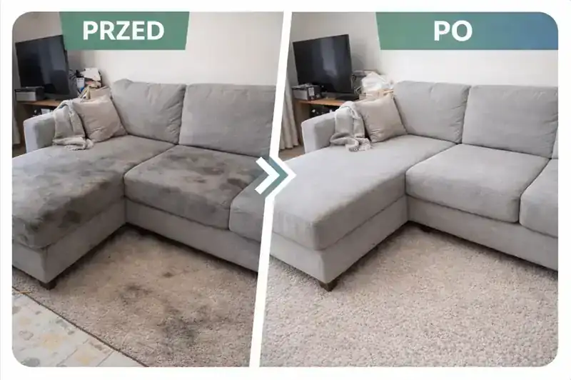 Pranie tapicerki narożnika przed i po – usuwanie plam z kanapy Gdynia Trójmiasto